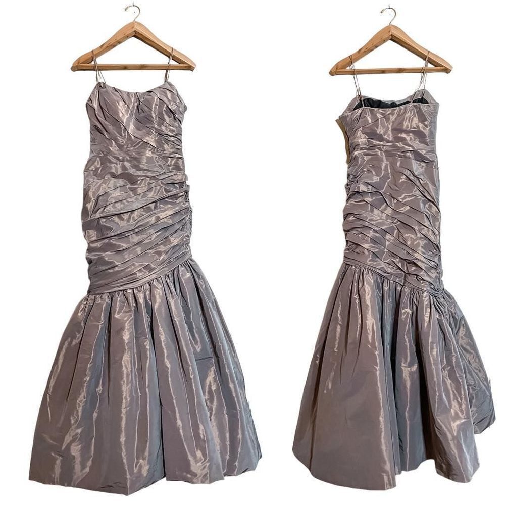 Theia Satin Mermaid Dress Strapless Sweetheart Iridescent Ruched Floor Length Fo